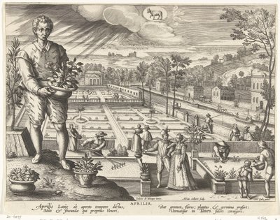 el mes de abril Abril Aprilis (título sobre objeto) Los doce hombres (título de la serie) Menses XII Anni Solaris (título de la serie) de Adriaen Collaert