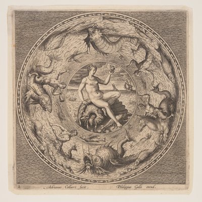 Tetis sobre una concha, de un conjunto de diseños para láminas (Fonds de Coupe) de Adriaen Collaert