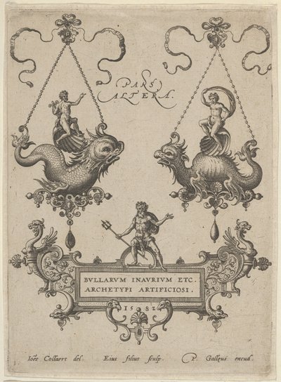Placa de título con dos diseños de colgantes arriba y Neptuno de pie sobre un cartucho abajo, 1582 de Adriaen Collaert
