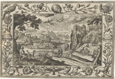 Caída de Ícaro Paisajes con escenas bíblicas, mitológicas y escenas de caza (título de la serie) de Adriaen Collaert