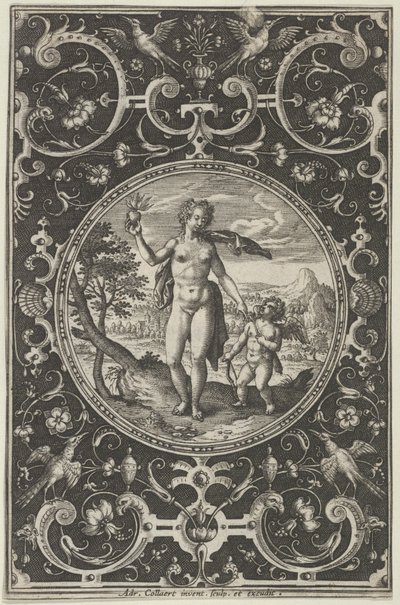 Venus y Cupido en un marco decorativo con grotescos, del Juicio de París..., c. 1580-1600 de Adriaen Collaert
