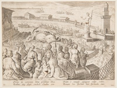 Caza de ballenas por el emperador Claudio en el puerto de Ostia, pl. 19 en la serie Venationes Ferarum, Avium, Piscium de Adriaen Collaert