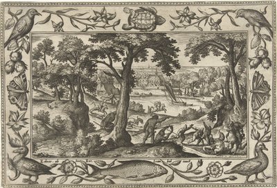 caza del jabalí Paisajes con escenas bíblicas, mitológicas y escenas de caza (título de la serie) de Adriaen Collaert