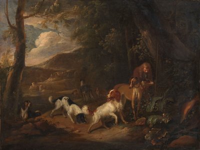 Cazador con sabuesos al borde de un bosque de Adriaen Cornelisz Beeldemaker
