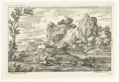 Paisaje con una gran roca junto a un río. de Adriaen Frans Boudewyns