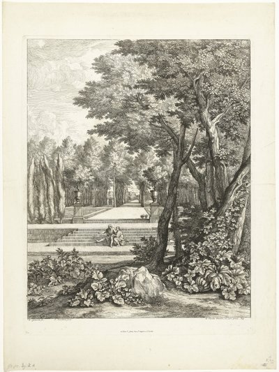Paisaje con pareja sentada en una escalera en el jardín. de Adriaen Frans Boudewyns