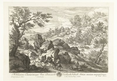 Paisaje con jinetes en un afloramiento rocoso Paisajes con cazadores (título de serie) de Adriaen Frans Boudewyns