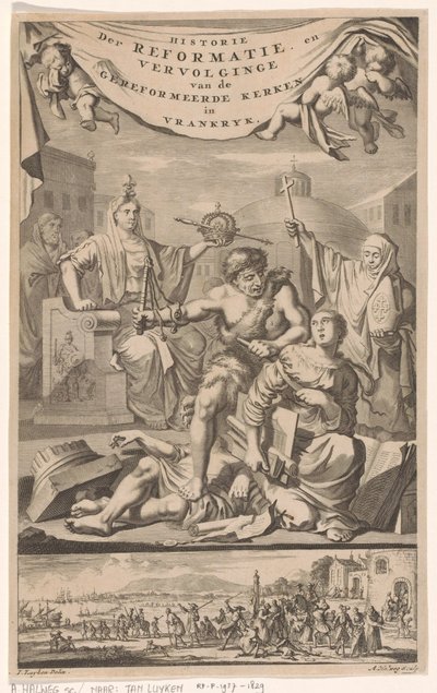 Iglesia reformada francesa atacada por un hombre con un azote
Portada de: E. Benoist, Historie der Gereformeerde Kerken van Vrankrijk, 1696 de Adriaen Haelwegh