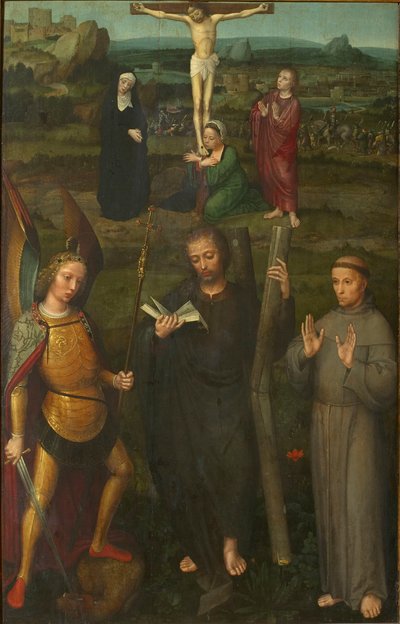 La crucifixión con los santos Miguel Arcángel, Andrés y Francisco de Asís, c. 1510 de Adriaen Isenbrant