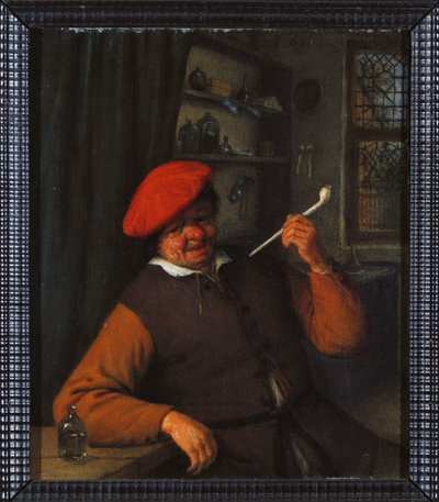 Un campesino con boina roja fumando una pipa, en un interior de Adriaen Jansz. van Ostade