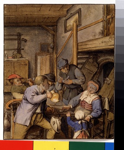 En la posada (En una taberna). Campesinos fumando y bebiendo en la mesa frente a la entrada de una bodega. Pintura de Adriaen Jansz Van Ostade (1610-1685), hacia 1667. Pintura holandesa. Lápiz, pincel y acuarela sobre papel. Museo Pushkin, Moscú de Adriaen Jansz. van Ostade