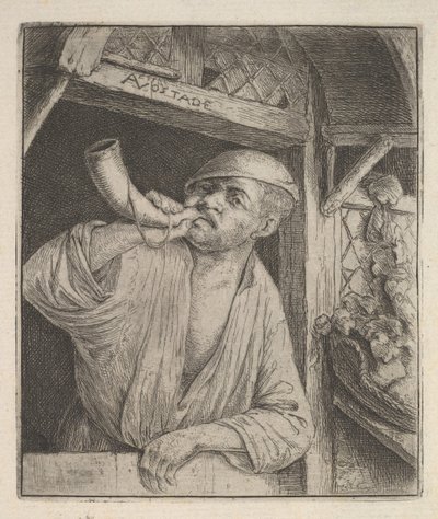 Panadero soplando el cuerno de Adriaen Jansz. van Ostade