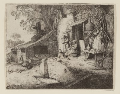 Junto a la puerta de la cabaña - La hilandera de Adriaen Jansz. van Ostade