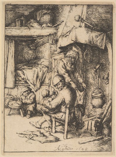 Padre de familia dando caldo a su bebé de Adriaen Jansz. van Ostade