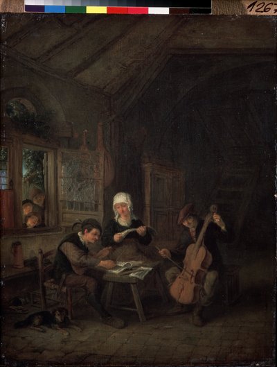 Músicos de Pueblo (Músicos Rurales). Violinista y violonchelista tocando en una casa. Pintura de Adriaen Jansz Van Ostade (1610-1685) de Adriaen Jansz. van Ostade