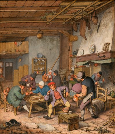 Habitación en una posada con campesinos bebiendo, fumando y jugando al backgammon - Obra de Adriaen Jansz van Ostade (1610-1685) Lápiz, tiza y acuarela sobre papel de Adriaen Jansz. van Ostade