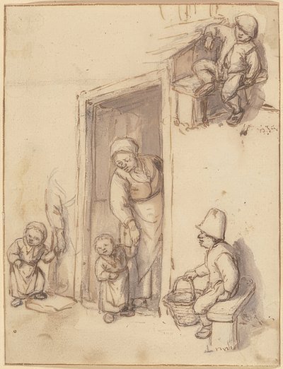Hoja de estudio con una madre y su hija en la puerta, dos niños sentados de Adriaen Jansz. van Ostade
