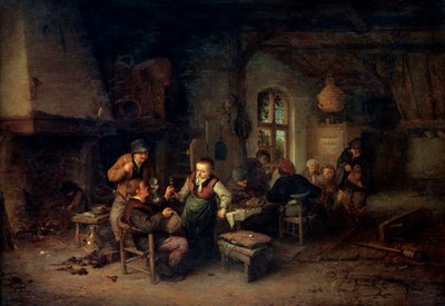 El interior de una posada con nueve campesinos y un tocador de zanfoña de Adriaen Jansz. van Ostade