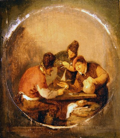 Tres campesinos bebiendo y fumando en una taberna de Adriaen Jansz. van Ostade