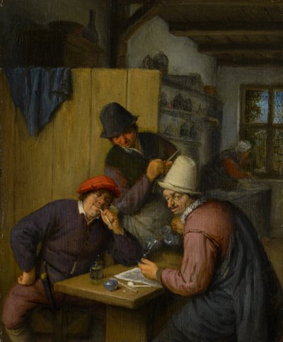 Tres campesinos bebiendo y fumando en una taberna de Adriaen Jansz. van Ostade