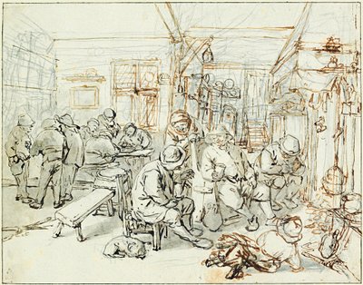 Un grupo de campesinos en una taberna (Compañía de Campesinos en una Taberna) - Dibujo de Adriaen Jansz van Ostade (1610-1685), lápiz y tinta china sobre papel, hacia 1675 - Albertina, Viena (Austria) de Adriaen Jansz. van Ostade