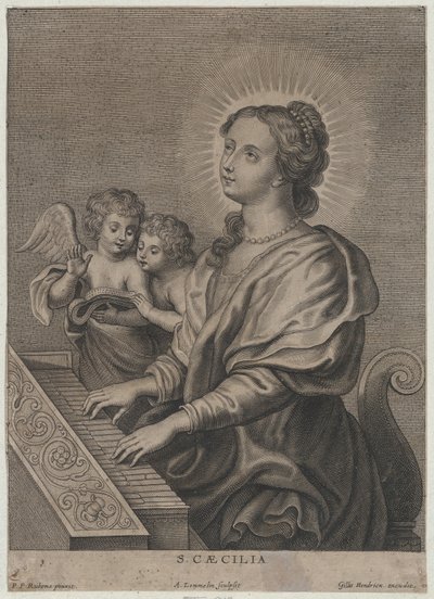 Santa Cecilia tocando el órgano con dos putti a la izquierda, ca. 1654-77 de Adriaen Lommelin