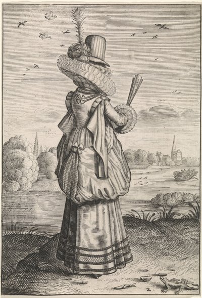 Vestimenta y modales de mujeres nobles y campesinas elegante dame bij hagedis Kleding en omgeving van Nederlandse adellijke dames en boerinnen (título de la serie) El comportamiento y la adoración de las Matronas Nobles y Oxidadas de Adriaen Matham (possibly)