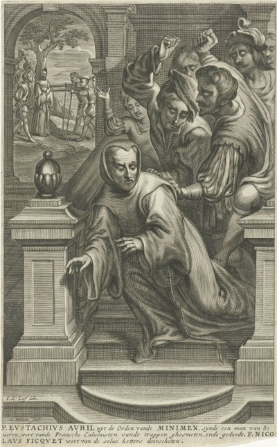 Eustachius Avril tirado por las escaleras por calvinistas de Adriaen Millaert