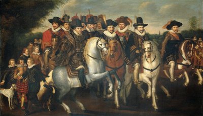 El Príncipe Mauricio acompañado por sus dos hermanos, Federico V, Elector Palatino, y los Condes de Nassau a caballo de Adriaen Pietersz van de Venne (follower of)