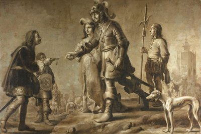 Boudewijn van Heusden (?-870) y su esposa Sofía recibiendo el homenaje del legado del rey Edmundo, c. 1626 de Adriaen Pietersz van de Venne (manner of)