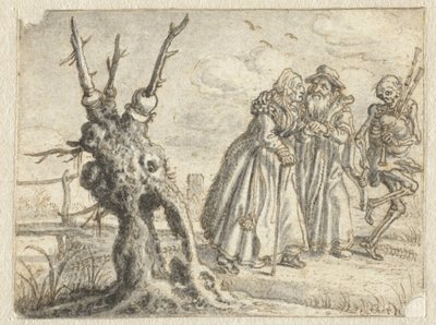 Un anciano y una mujer siguen de buen grado la muerte tocando la gaita de Adriaen Pietersz van de Venne