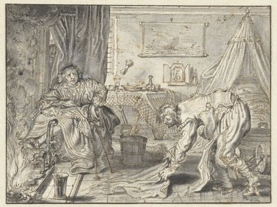 Un hombre limpiando el suelo mientras su mujer se sienta junto a la chimenea de Adriaen Pietersz van de Venne