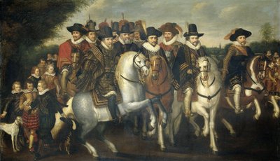 El príncipe Mauricio acompañado por sus dos hermanos, Federico V, Elector Palatino, y los Condes de Nassau a caballo, c.1625 de Adriaen Pietersz van de Venne