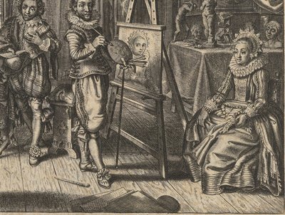 Pintor y modelo femenino en estudio. Houwelyck (título de la serie) de Adriaen Pietersz van de Venne