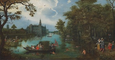 Paisaje de verano con fiesta náutica y bañistas de Adriaen Pietersz. van de Venne