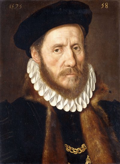 Retrato de un caballero con barba, busto, con cadenas de oro bajo un abrigo forrado de piel de Adriaen Thomasz Key