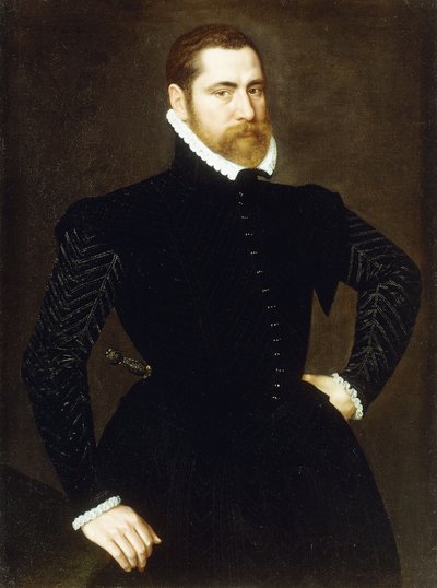 Retrato de un caballero, tres cuartos de longitud, vistiendo un traje negro con cuello blanco, 1564 de Adriaen Thomasz Key