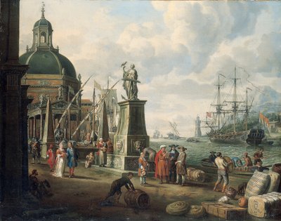 Un capricho de un puerto mediterráneo con comerciantes, una pareja elegante en el muelle, ante una estatua de la Esperanza y una iglesia barroca, un faro, un barco de guerra holandés y otros barcos más allá, 1700 de Adriaen Verdoel