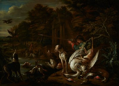 Cazador con un cisne muerto al borde del agua de Adriaen de Gryef