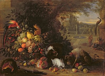 Naturaleza muerta en un jardín, c.1700 (óleo sobre tabla) de Adriaen de Gryef