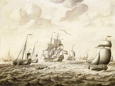 Un barco de guerra holandés disparando un saludo - un Penschilderij de Adriaen van Salm