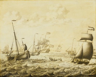 Pesquería holandesa de arenques, finales del siglo XVII (grisalla sobre tabla) de Adriaen or Abraham Salm