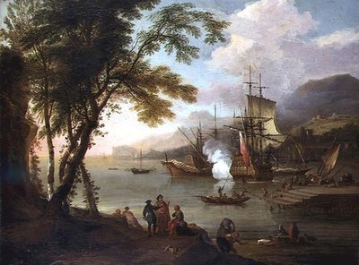 Un capricho de un puerto mediterráneo con barcos, comerciantes y estibadores de Adriaen van Diest