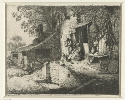 Mujer girando frente a una casa La mujer que gira en la puerta de Adriaen van Ostade (signed by artist)