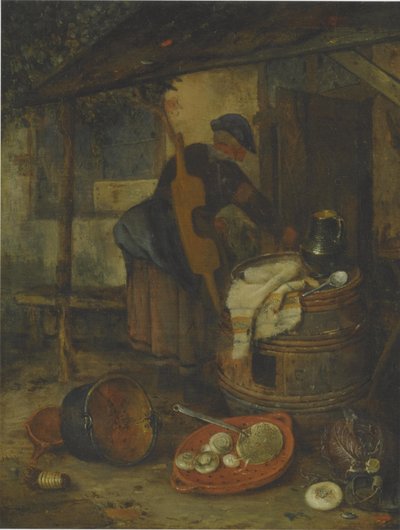 Una criada junto a una puerta con un barril y verduras de Adriaen Jansz. van Ostade