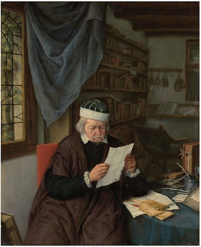 Un abogado sentado a una mesa leyendo una carta de Adriaen van Ostade