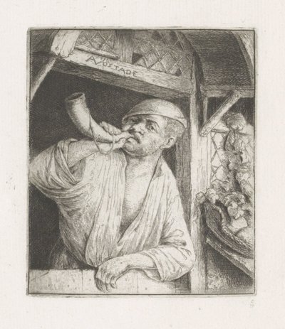 Bakker toca un cuerno en una puerta de Adriaen van Ostade