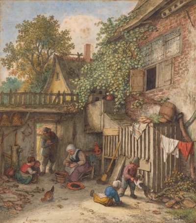 Patio interior con una mujer limpiando mejillones de Adriaen van Ostade