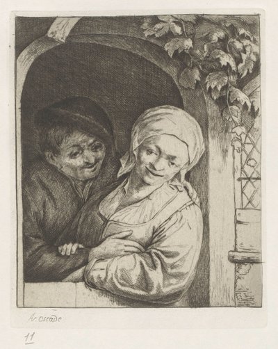 Granjero y esposa de granjero como pareja amorosa en la puerta de Adriaen van Ostade