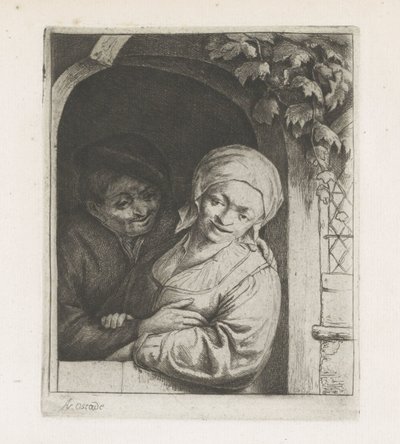 Granjero y esposa de granjero como pareja amorosa en la puerta de Adriaen van Ostade